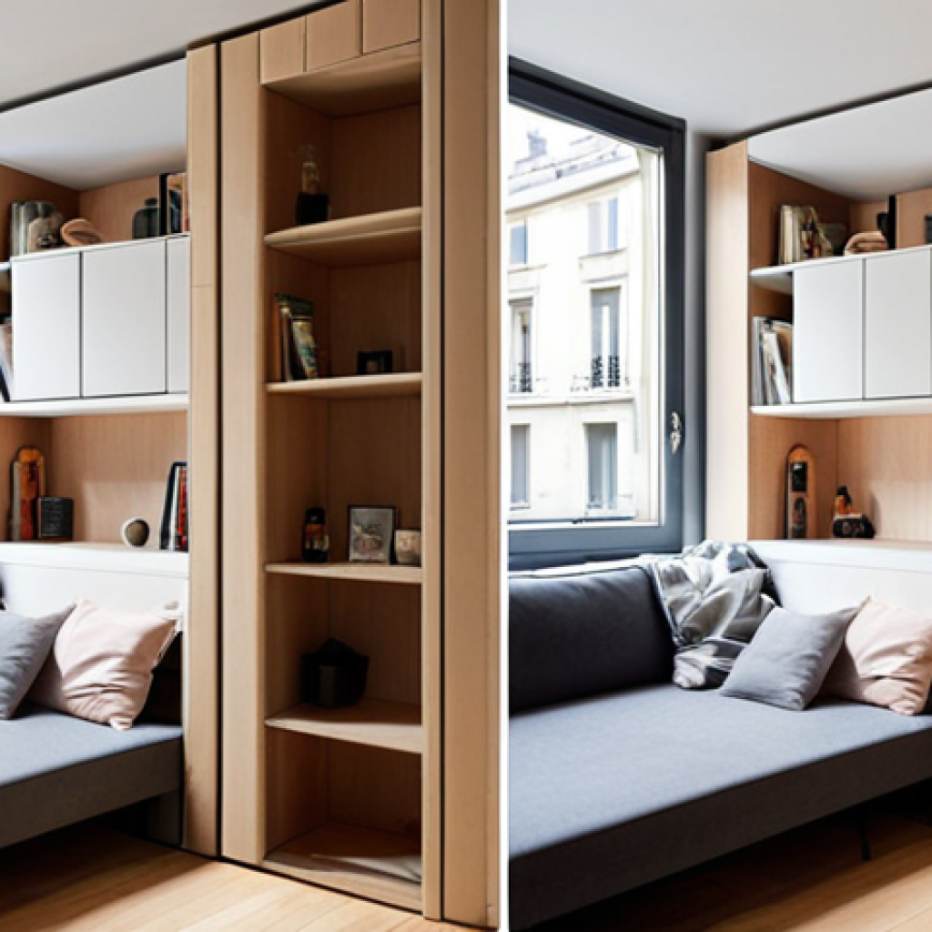 **

"A cleverly designed micro-apartment interior in Paris. Focus on multi-functional furniture like a convertible sofa bed, modular shelving reaching the ceiling, and creative storage solutions. Warm, cozy lighting. Parisian style. Emphasize the efficient use of space, showcasing a minimalist but stylish aesthetic."

**