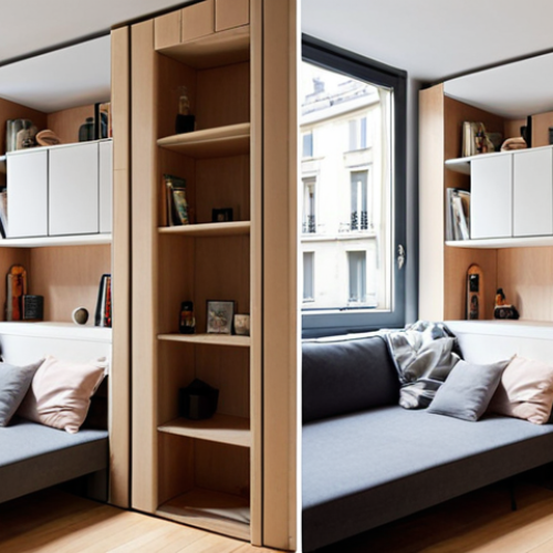 Home 4 **
"A cleverly designed micro-apartment interior in Paris. Focus on multi-functional furniture like a convertible sofa bed, modular shelving reaching the ceiling, and creative storage solutions. Warm, cozy lighting. Parisian style. Emphasize the efficient use of space, showcasing a minimalist but stylish aesthetic."
**