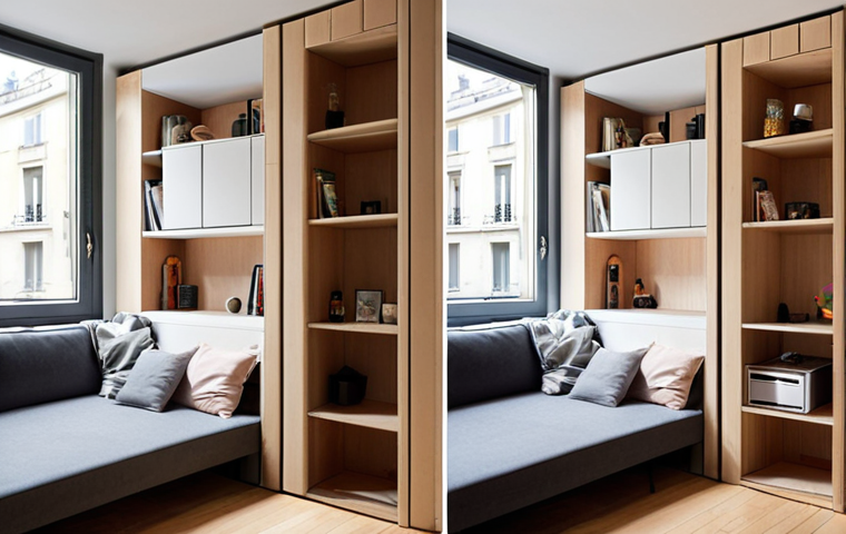 **
"A cleverly designed micro-apartment interior in Paris. Focus on multi-functional furniture like a convertible sofa bed, modular shelving reaching the ceiling, and creative storage solutions. Warm, cozy lighting. Parisian style. Emphasize the efficient use of space, showcasing a minimalist but stylish aesthetic."
**