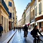 **

"A bustling university town street scene in Montpellier, France. Students are walking and cycling, shops are open, and the architecture is classic French. Everyone is fully clothed, appropriate attire, safe for work. Morning light, perfect anatomy, correct proportions, professional photography, high quality, family-friendly."

**