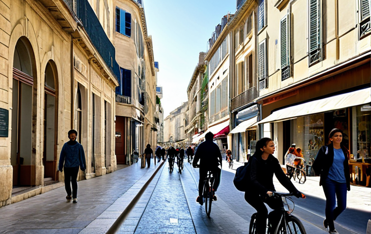 **

"A bustling university town street scene in Montpellier, France. Students are walking and cycling, shops are open, and the architecture is classic French. Everyone is fully clothed, appropriate attire, safe for work. Morning light, perfect anatomy, correct proportions, professional photography, high quality, family-friendly."

**