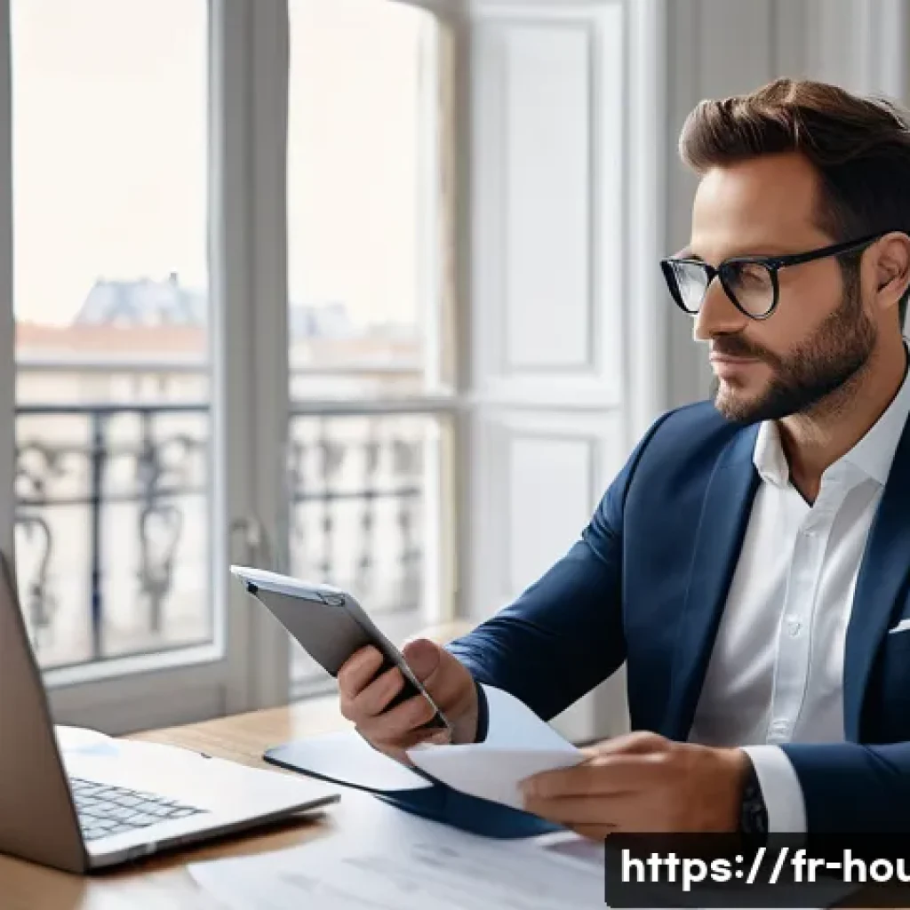 부동산 중개수수료 절약법 - A professional real estate agent in a modern French urban office, dressed in smart business attire, ...