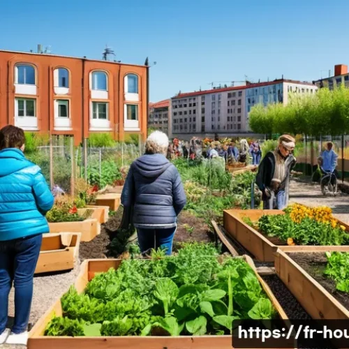 도시재생 사업 정보 - A vibrant urban community garden transforming a former industrial site in Lyon, with diverse residen...