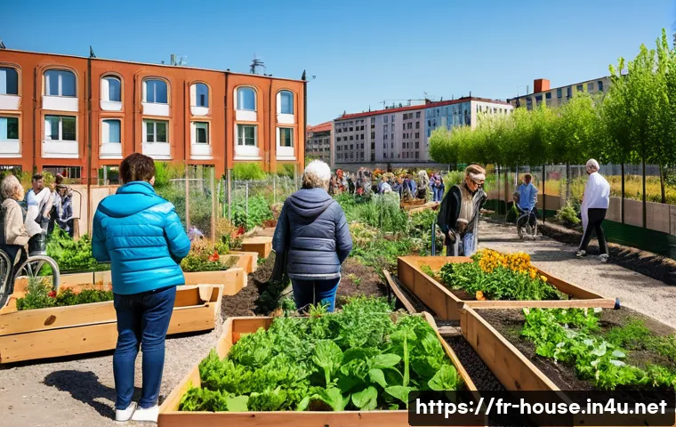 도시재생 사업 정보 - A vibrant urban community garden transforming a former industrial site in Lyon, with diverse residen...