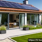 부동산 시장 전망 분석 - A modern French suburban home exterior in springtime, showcasing a newly built low-energy consumptio...