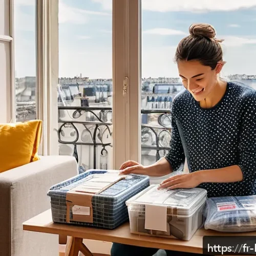 이사비 절약법 - A cozy, sunlit French apartment living room during a move, with neatly packed reusable plastic stora...
