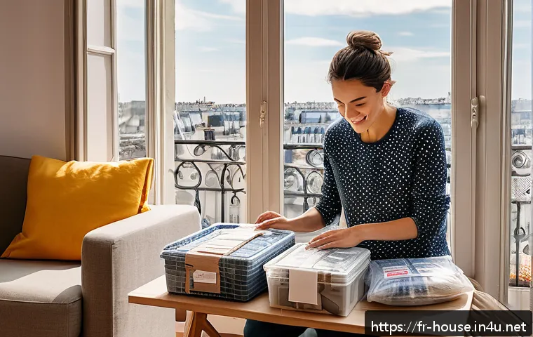 이사비 절약법 - A cozy, sunlit French apartment living room during a move, with neatly packed reusable plastic stora...