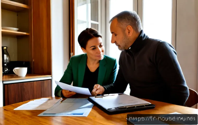 전세사기 예방법 - Photorealistic French apartment rental safety scene, a cautious middle-aged couple seated at a brigh...